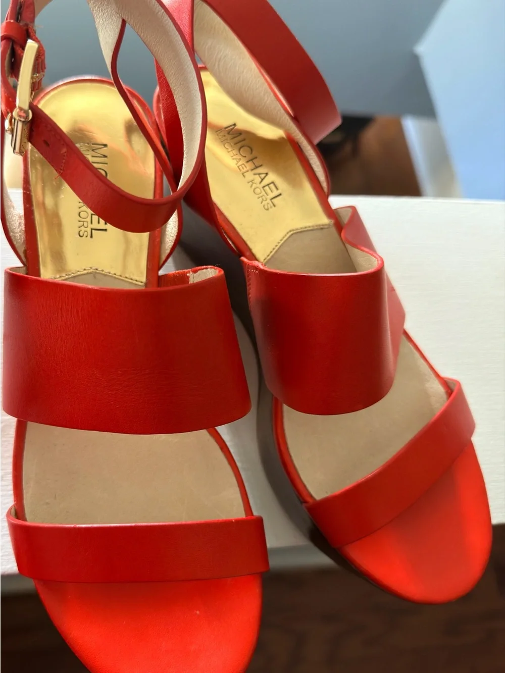 Michael Kors Coral Orange/Red Leather Ankle-Strap Sandals